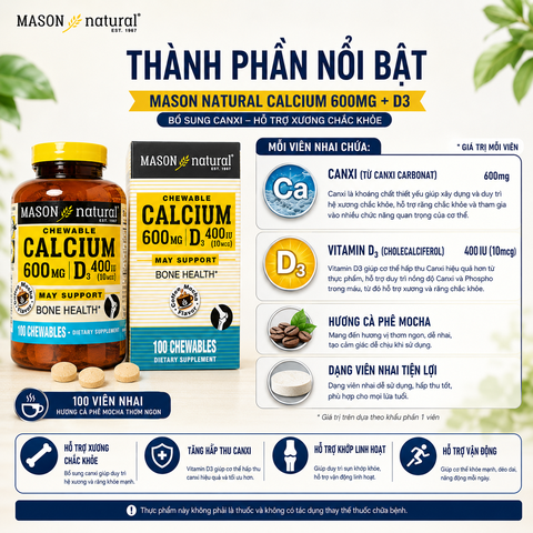 Mason Natural Calcium 600mg + D3 - Bổ sung canxi cho cơ thể 100 viên