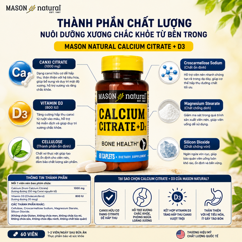 Viên uống canxi hữu cơ Mason Natural Calcium Citrate + D3 hỗ trợ xương chắc khỏe, phòng ngừa loãng xương 60 viên