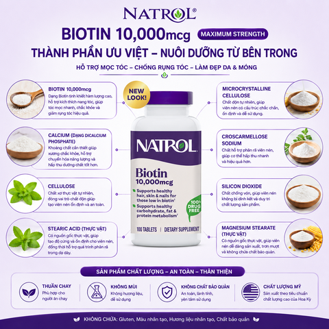 Hỗ trợ mọc tóc và chống rụng tóc natrol biotin beauty maximum strength 10000mcg100 viên