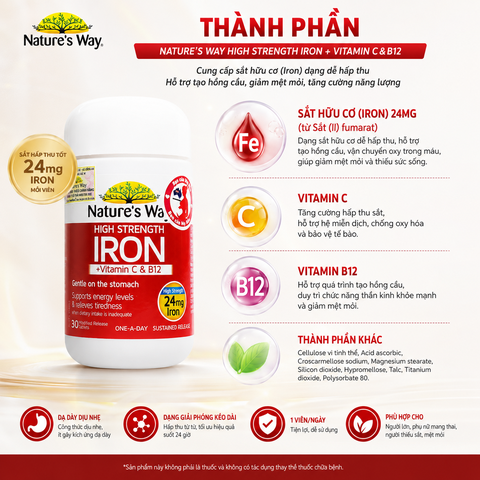 Nature’s Way high strength Iron + vitamin C và B12 – Bổ sung sắt hữu cơ cho người thiếu sắt, bổ sung sắt cho bà bầu