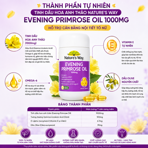 Tinh dầu hoa Anh Thảo Nature's Way evening primrose oil hỗ trợ cân bằng nội tiết tố nữ 60 viên
