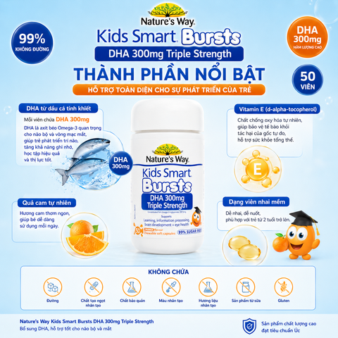 Nature's Way Kids Smart Bursts DHA 300mg Triple Strength - Bổ sung DHA, hỗ trợ tốt cho não bộ và mắt 50 viên