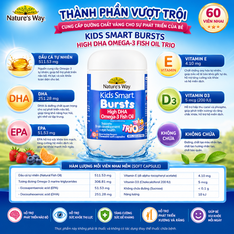 Viên nhai dầu cá ba màu Nature's Way kids smart bursts high DHA omega-3 fish Oil trio hỗ trợ tốt cho não bộ và mắt cho bé 60 viên