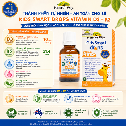Nature's Way Kids Smart Drops Vitamin D3 + K2 - Vitamin D3K2 Organic 11ml Chuẩn Úc