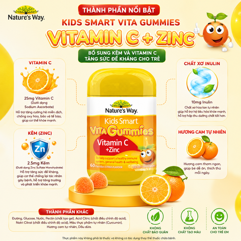 Kẹo Dẻo Nature's Way Kids Smart Vita Gummies Vitamin C+ ZinC – Bổ sung kẽm và vitamin C tăng sức đề kháng cho trẻ