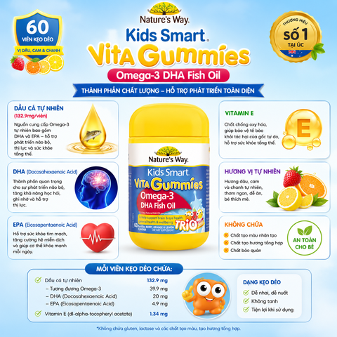 Kẹo dẻo Nature's Way Kids Smart Vita Gummies Omega-3 DHA Fish Oil hỗ trợ sức khoẻ não Và mắt cho bé 60 viên