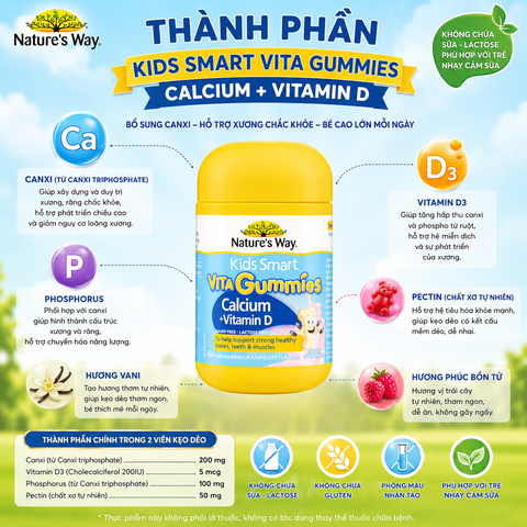 Calcium Vitamin D  Kẹo Dẻo Cho Bé Nature’s Way Kids Smart Vita Gummies hộp 60 Viên Tăng chiều cao