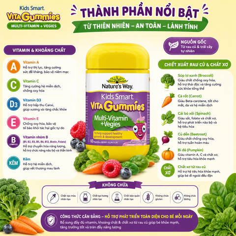 Kẹo dẻo bổ sung vitamin từ rau Nature's Way Vita Gummies Multivitamin+Vegies cho bé 60 viên bổ sung chất xơ cho bé phát triển toàn diện