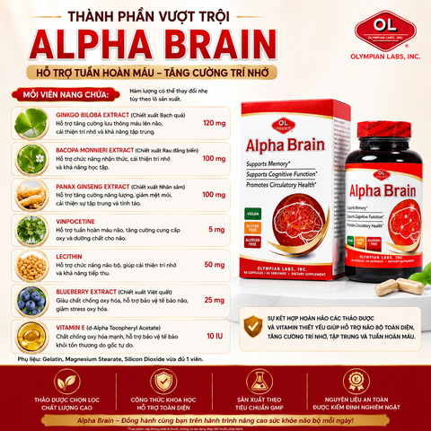 Viên uống hỗ trợ tuần hoàn máu, cải thiện trí nhớ Olympian Labs Alpha Brain hộp 60 viên