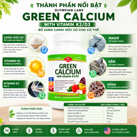 Bổ sung canxi hữu cơ cho cơ thể Olympian Labs Green Calcium with Vitamin K2/D3 hộp 100 viên
