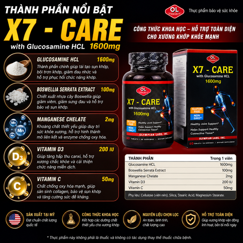 Chăm sóc sức khỏe xương khớp Olympian Labs X7 - Care-Glucosamin HCL 1600mg hộp 60 viên