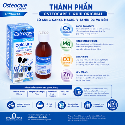 TPBVSK Vitabiotics Osteocare Liquid Original Calcium Magnesium hộp 200ml Canxi  magie, vitamin D3 và kẽm