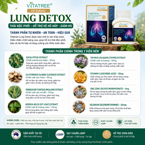 Thải độc phổi vitatree lung detox 60 viên hỗ trợ hệ ho hấp, giảm ho