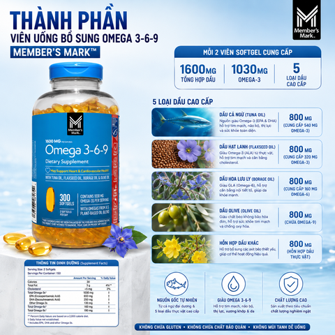 Viên Uống Dầu Cá Bổ Sung Omega 3-6-9 Member’s Mark Mẫu Mới 300 Viên