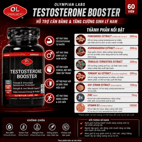 Olympian Labs Testosterone Booster - Hỗ trợ cân bằng và tăng cường sinh lý nam 60 viên