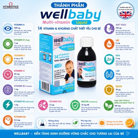 Vitabiotics Wellbaby Multi-Vitamin Liquid Chai 150ml 14 loại vitamin và khoáng chất thiết yếu cho bé 150ml