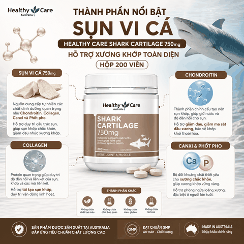 Sụn vi cá Healthy Care shark cartilage 750mg hỗ trợ xương khớp hộp 200 viên