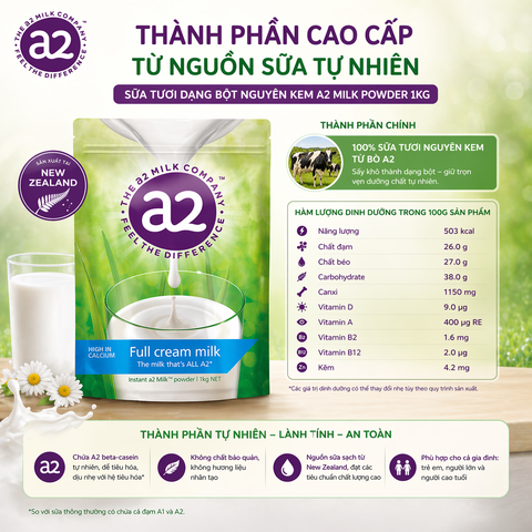 Sữa tươi dạng bột nguyên kem a2 milk power 1 kg