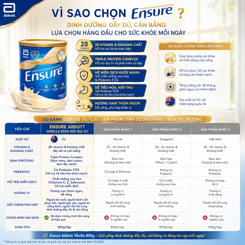 Sữa bột ensure  abbott vanilla 850g nội địa Úc hương vani giàu dinh dưỡng hộp 850g