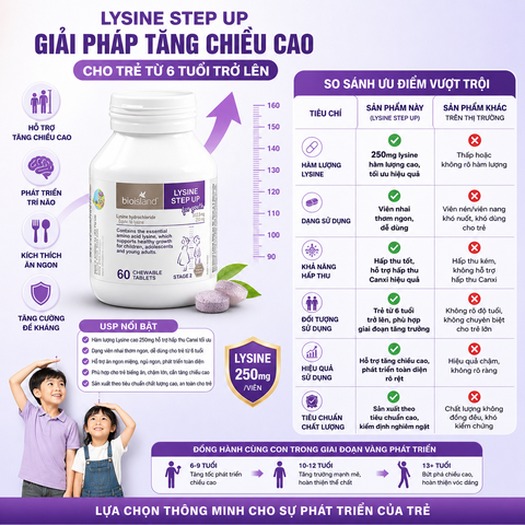 Viên nhai bioisland lysine tăng chiều cao cho trẻ từ 6 tuổi trở lên hộp 60 viên