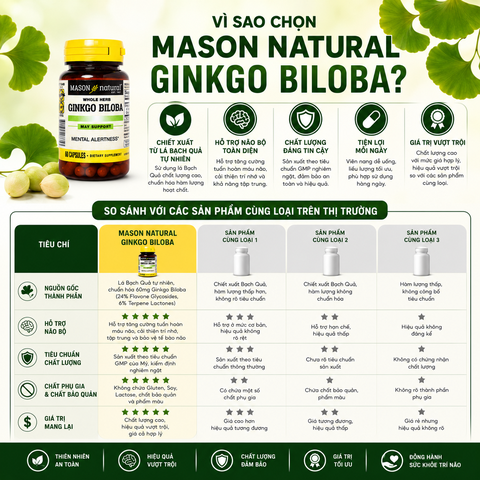 Mason Natural Ginkgo Biloba – Hỗ trợ tăng cường sức khỏe não bộ, cải thiện trí nhớ 60 viên