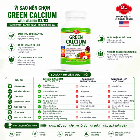 Bổ sung canxi hữu cơ cho cơ thể Olympian Labs Green Calcium with Vitamin K2/D3 hộp 100 viên