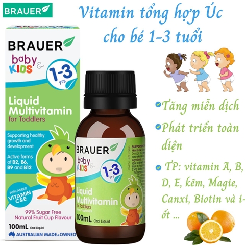 Vitamin tổng hợp cho bé từ 1 - 3 tuổi Brauer Baby Kids Liquid Multivitamin for Toddlers 100ml dạng nước 100ml