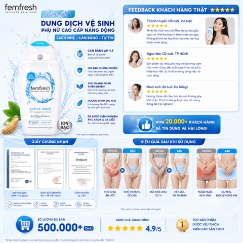 Dung dịch vệ sinh phụ nữ cao cấp năng động Femfresh Active Wash 250ml
