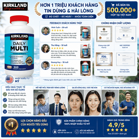 Thực phẩm bảo vệ sức khỏe Kirkland Signature Daily Multi 500 viên vitamin tổng hợp dưới 50 tuổi hộp 500 viên