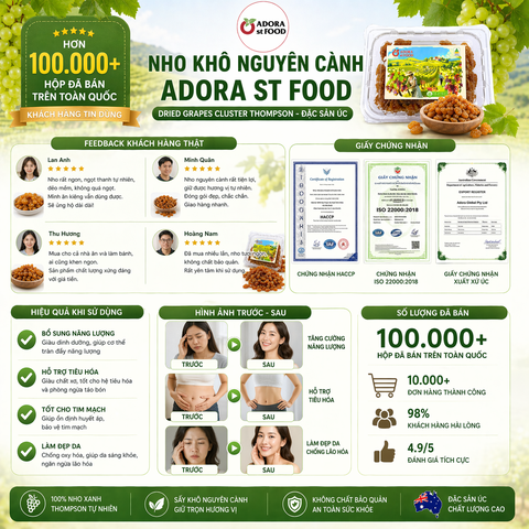 Hộp 300g Nho khô nguyên cành Adora st Food Dried Grapes Cluster Thompson đặc sản Úc