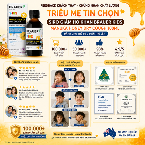 Siro giảm ho khan Brauer Kids Manuka Honey Dry Cough 100ml cho trẻ từ 2 tuổi trở lên