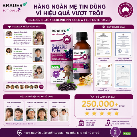 Siro giảm các triệu chứng cảm cúm, cảm lạnh Brauer Black Elederberry cold and flu forte (100ML)