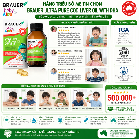 Dầu cá Tuyết bổ sung DHA Brauer Ultra Pure Cod Liver Oil dầu cá cho trẻ từ 1 tuổi dạng 90 viên nang