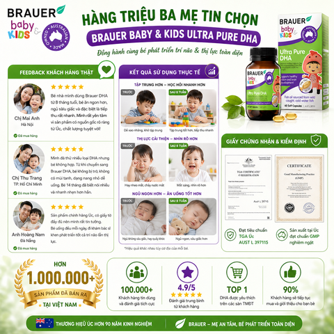 Dầu cá DHA brauer baby kids ultra pure DHA phát triển trí não cho bé từ 7 tháng tuổi hộp 60 viên nang mềm