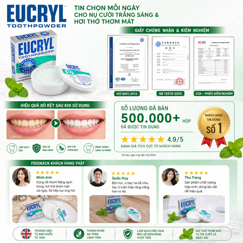 Bột bạc hà tẩy trắng răng Eucryl Tooth powder 50g làm sạch miệng, hơi thở thơm tho và răng trắng sáng hộp 50g