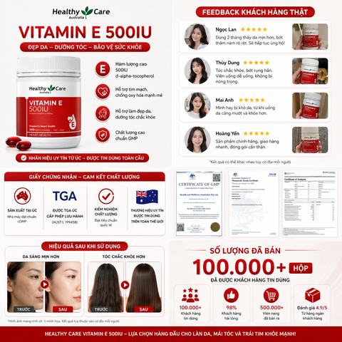 Vitamin E 500IU Healthy Care đẹp da, dưỡng tóc 200 viên