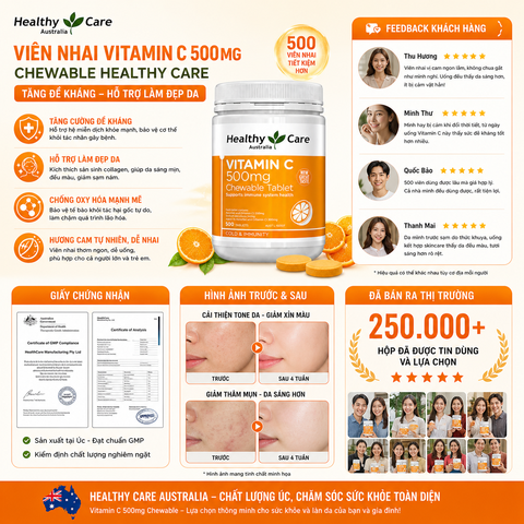 Viên nhai Vitamin C 500mg Chewable Healthy Care hỗ trợ làm đẹp da, tăng đề kháng 500 viên