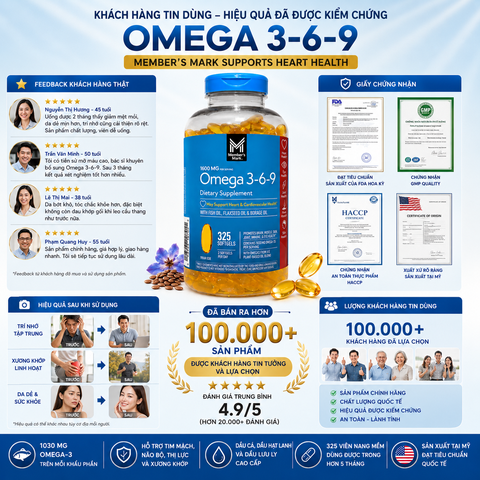 Viên uống bổ sung dầu cá Omega 3 6 9 Member’s Mark Supports Heart Health 325 viên
