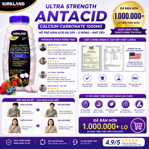 Viên nhai hỗ trợ bao tử ultra strengthe antacid calcium carbonate kirkland signature 1000mg 265 viên