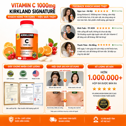 Vitamin C 1000mg Kirkland Signature hỗ trợ tăng đề kháng hộp 500 viên