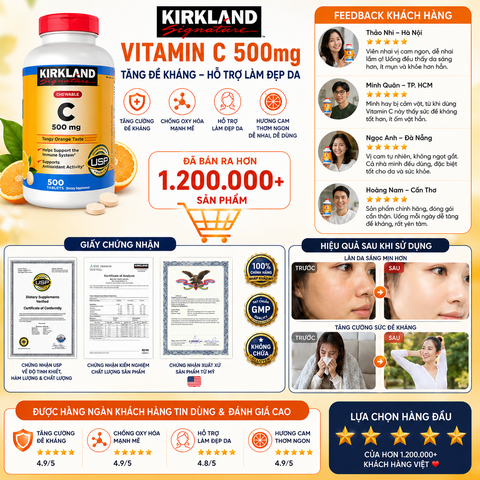 Viên nhai Vitamin C Kirkland Signature 500mg hỗ trợ làm đẹp da, tăng đề kháng 500 viên