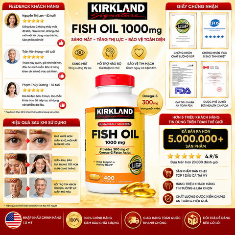 Dầu cá Fish Oil 1000mg Kirkland Signature sáng mắt, tăng thị lực hộp 400 viên