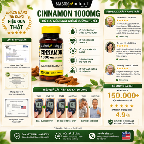 Mason Natural Cinamon 1000mg hộp 50 viên Hỗ trợ kiểm soát chỉ số đường huyết (50 viên)