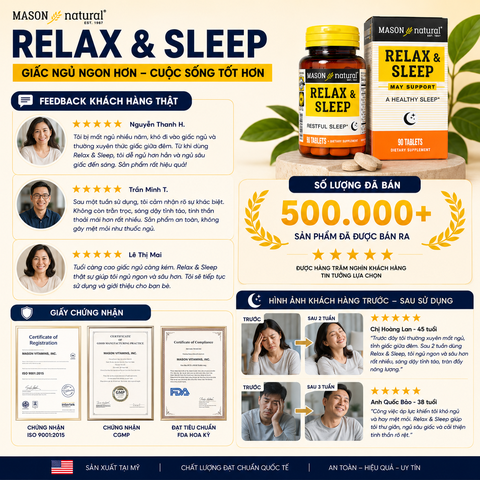 Viên uống Mason Natural Relax & Sleep Hỗ trợ cải thiện và nâng cao chất lượng giấc ngủ 90 viên