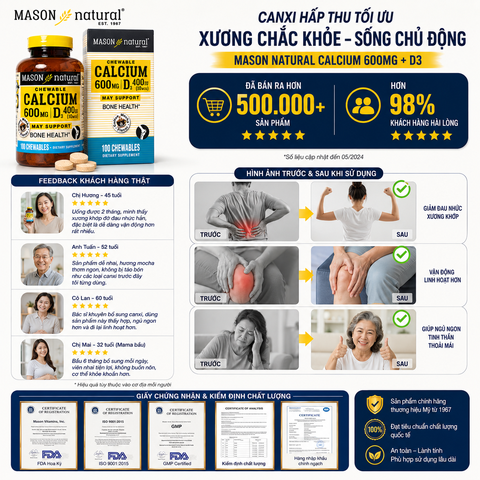 Mason Natural Calcium 600mg + D3 - Bổ sung canxi cho cơ thể 100 viên