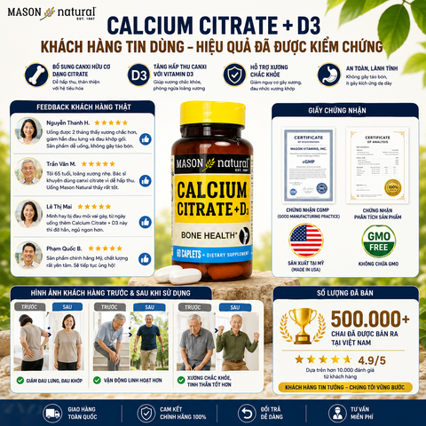 Viên uống canxi hữu cơ Mason Natural Calcium Citrate + D3 hỗ trợ xương chắc khỏe, phòng ngừa loãng xương 60 viên