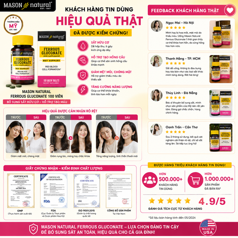 Mason Natural Ferrous Gluconate 100 viên – Sản phẩm bổ sung sắt hữu cơ
