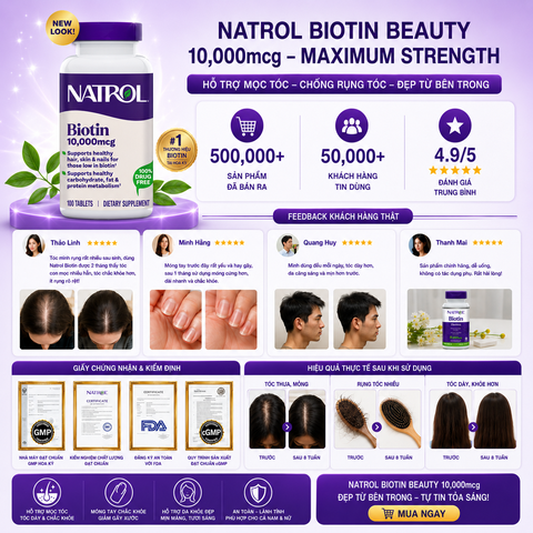 Hỗ trợ mọc tóc và chống rụng tóc natrol biotin beauty maximum strength 10000mcg100 viên