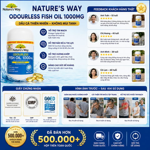 Viên uống dầu cá Nature's Way Odourless fish oil 1000mg - Dầu cá thiên nhiên không mùi (Hộp 80 viên)