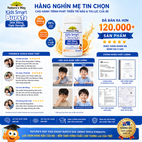 Nature's Way Kids Smart Bursts DHA 300mg Triple Strength - Bổ sung DHA, hỗ trợ tốt cho não bộ và mắt 50 viên